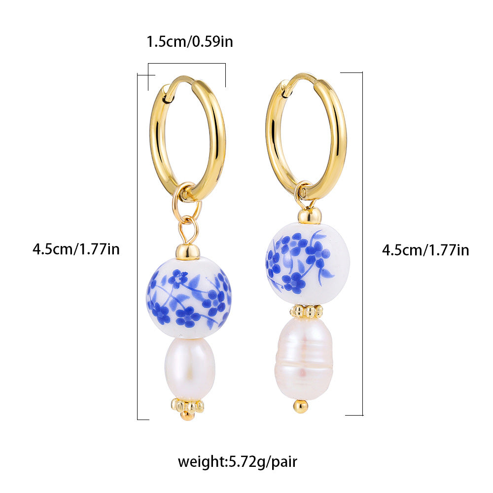 Wholesale Blue and White Porcelain Stainless Steel Colored Enamel Oil Earrings