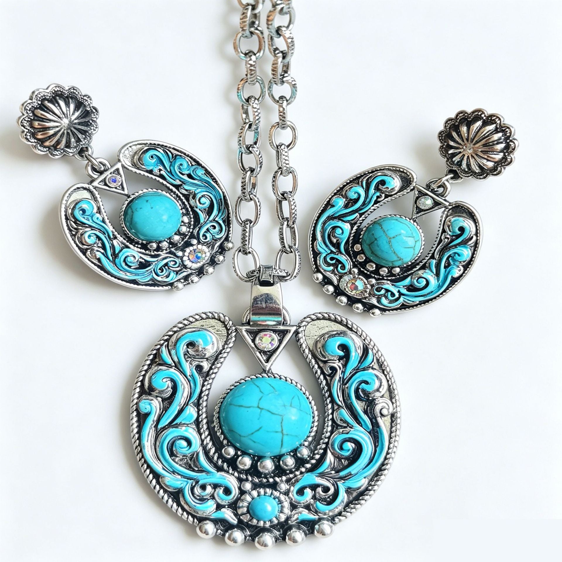Wholesale Western-Style Exaggerated Turquoise Earrings and Necklace Set,  Zinc Alloy Electroplated Fashion Jewelry for Women