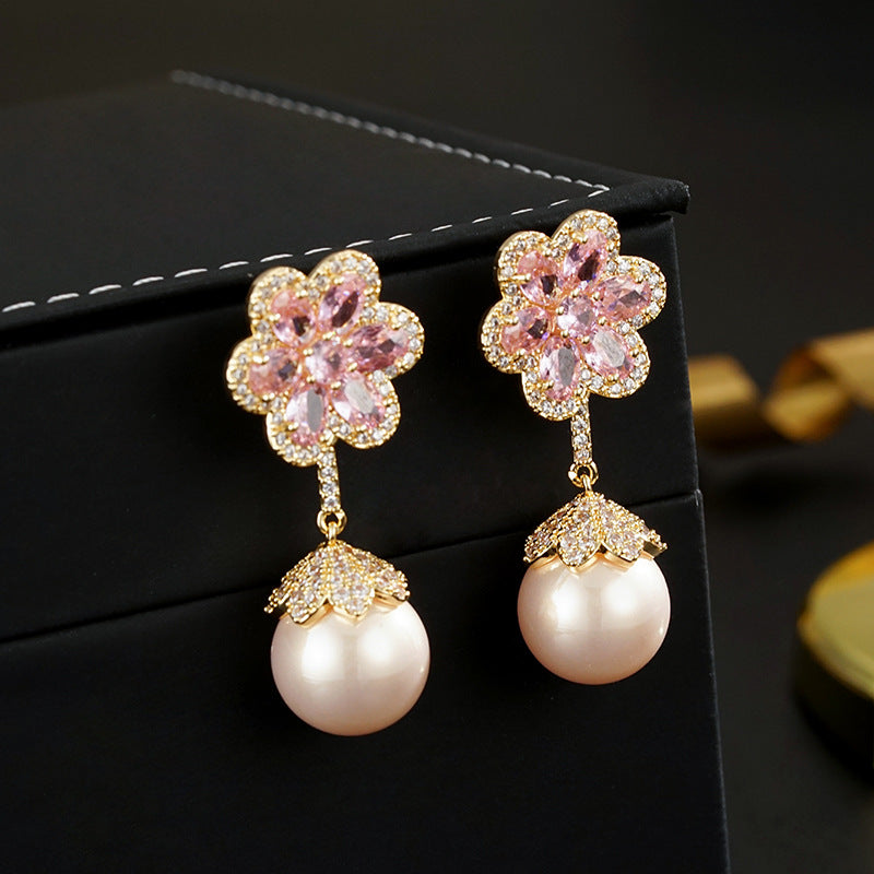 Wholesale Light Luxury Pink Zirconium Flower Earrings