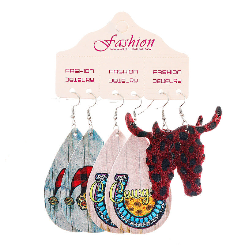 Wholesale 2 Sets Christmas Earrings Set Western Style PU Leather Earrings Snowflake Sunflower ACC-ES-HY132
