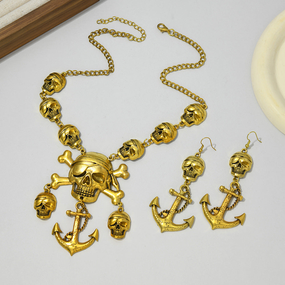 Wholesale Antique Gold Skull Punk Vintage  Jewelry Set Necklace Earrings Fashion Accessory