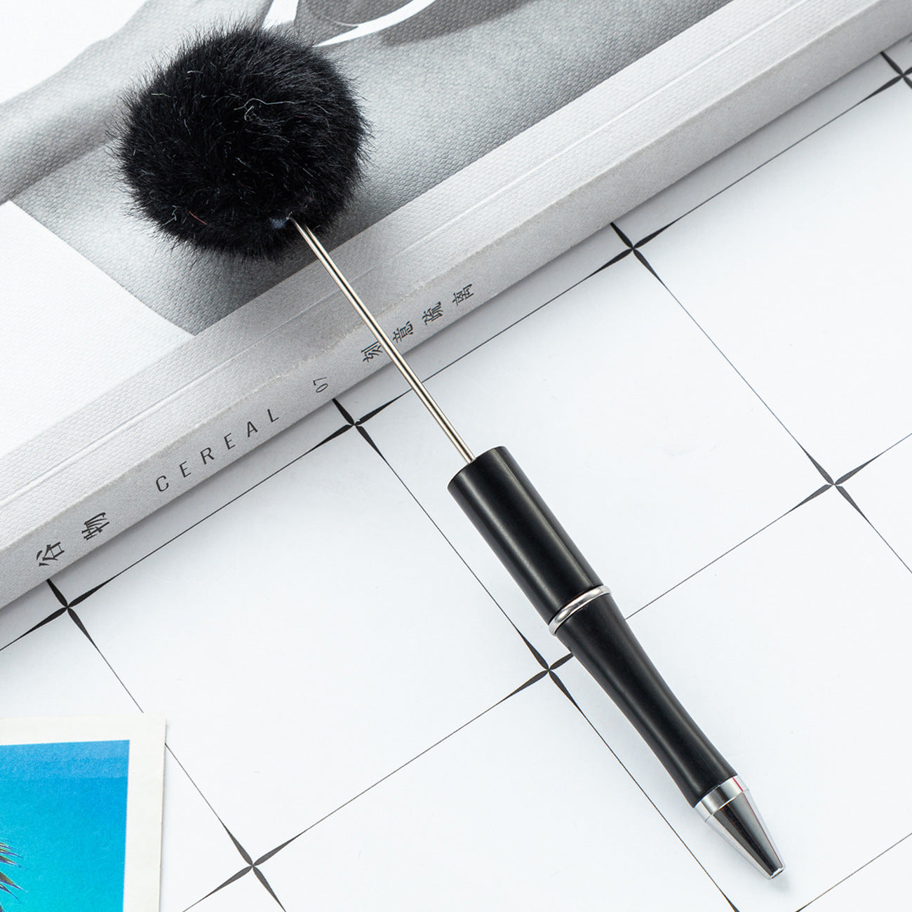 Wholesale Beadable Pens Pom Pom Fuzzy Plastic DIY Beaded Pens Solid Color Pens