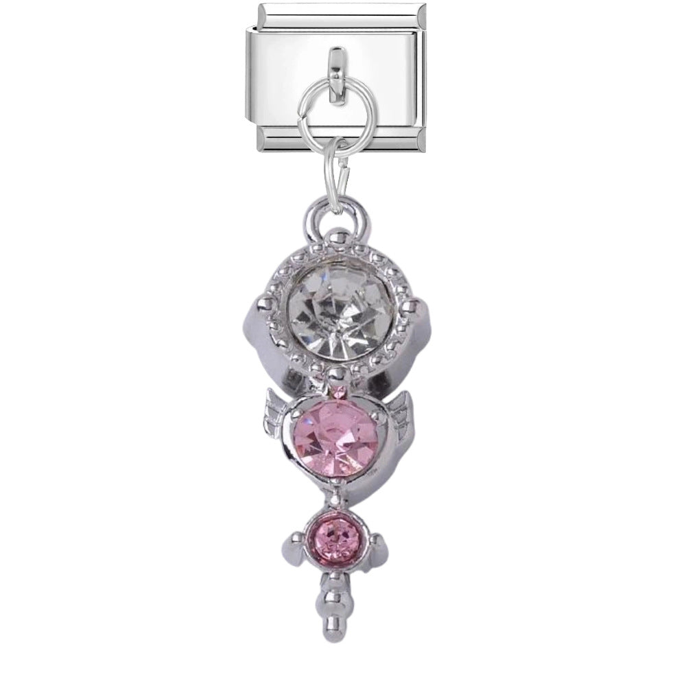 Wholesale DIY Bracelet Charms Pink Crystal Heart Wand Pendant Silver Edge Titanium Steel Jewelry Accessory For Casual Gift