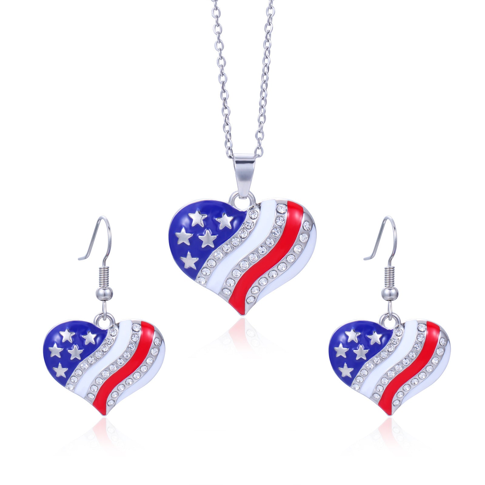 Wholesale  American Independence Day Necklace Alloy Diamond Set American Map Flag Striped Earrings Necklace Set