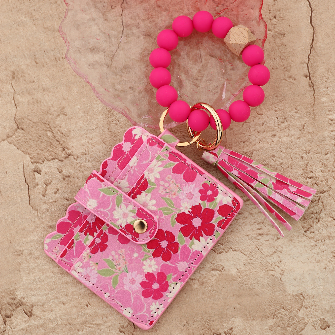 Wholesale silicone bead bracelet pink card holder Wristlet Keychain