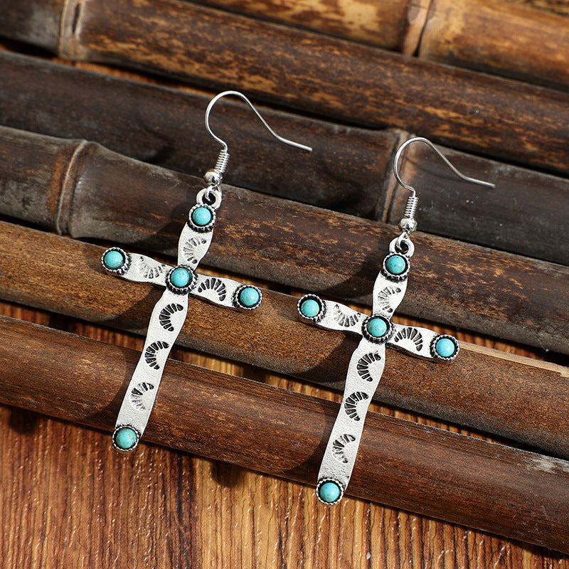 Wholesale Stylish Cross Earrings with Turquoise Design,  Alloy Electroplated Jewelry Accessory for Party and Gift