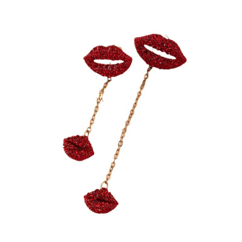 Wholesale light luxury diamond red lip earrings