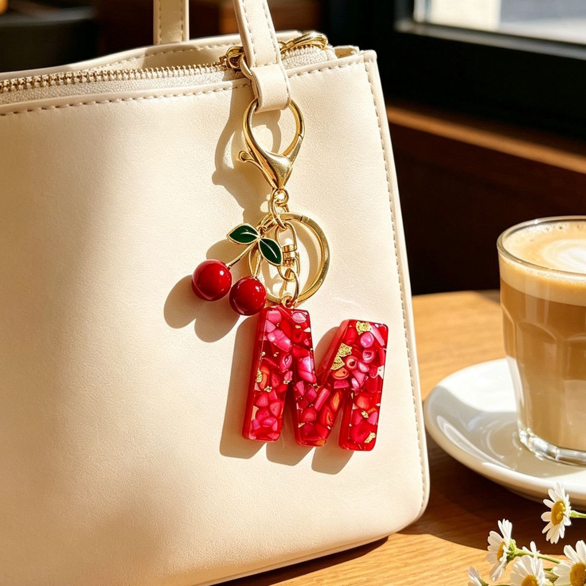 Wholesale Stylish Letter Keychain With Cute Cherry Pendant Plastic Bag Charm And Car Key Accessory Gift