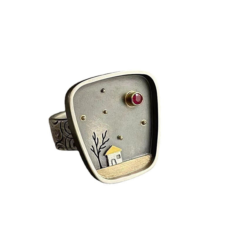 Wholesale House Tree Inlaid Rhinestone Ring