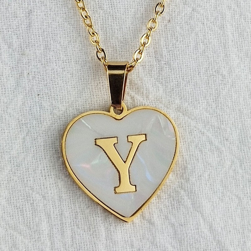 Wholesale 26 English Letters Heart Inlaid Shell Titanium Steel Necklace ACC-NE-DingChao002
