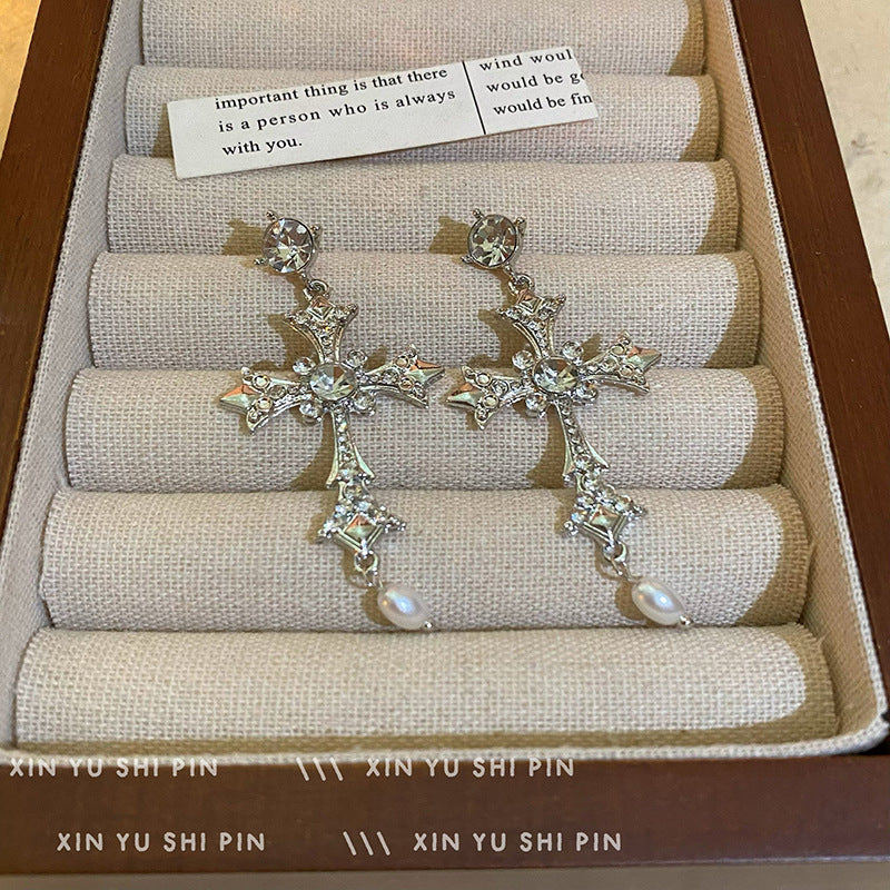 Wholesale Zircon Cross Earrings With Pearl Drop Retro Chic Everyday Wear For Women