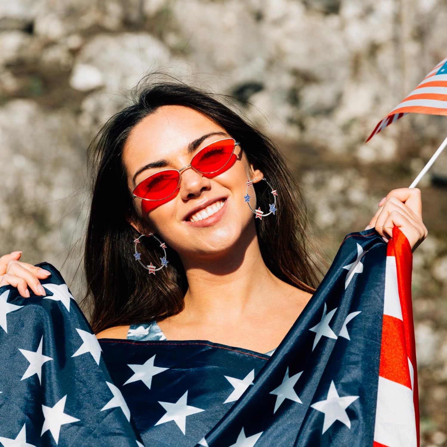 Wholesale five-pointed star Independence Day flag love heart earrings