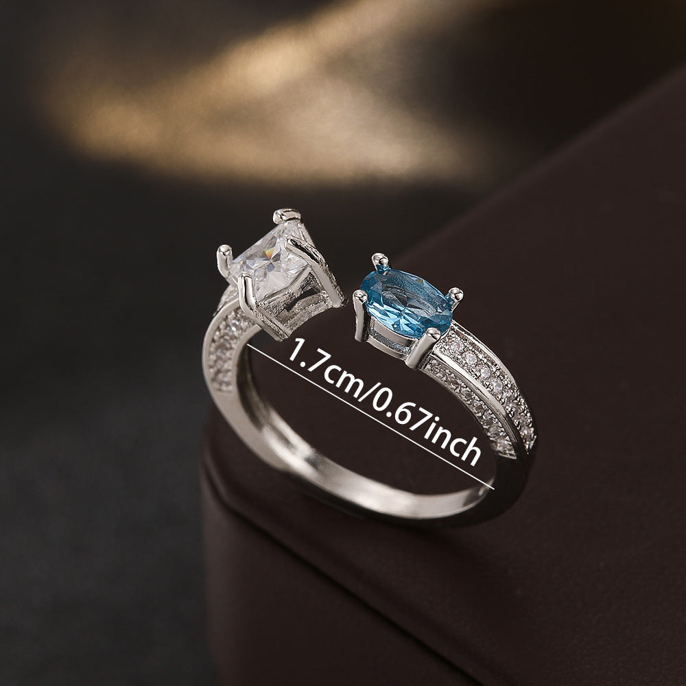 Wholesale Copper Zircon Blue Topaz Ring Moissanite Look Adjustable Silver Jewelry Fashion Accessory For Women Everyday Wear Gift