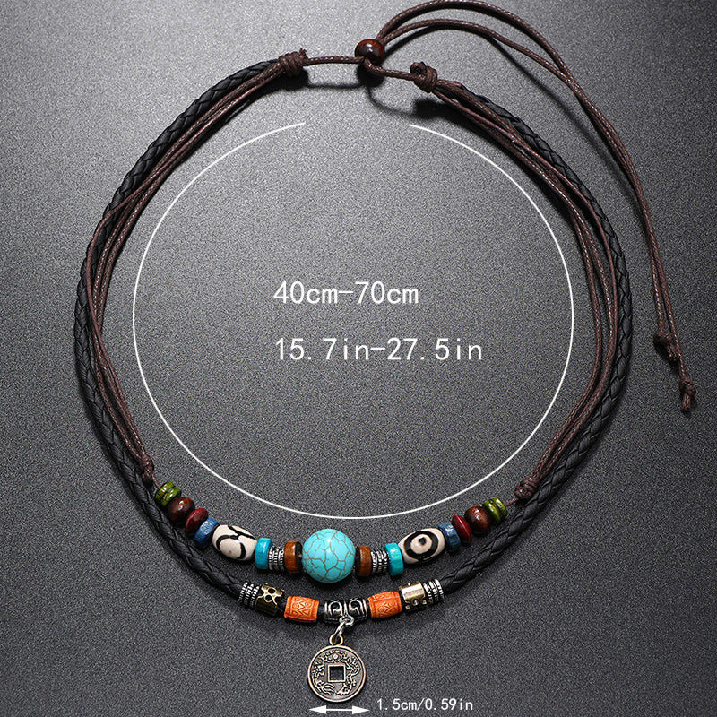 Wholesale Vintage Multi-layer Turquoise Beaded Braided Leather Necklace Men Necklaces ACC-NE-PK002