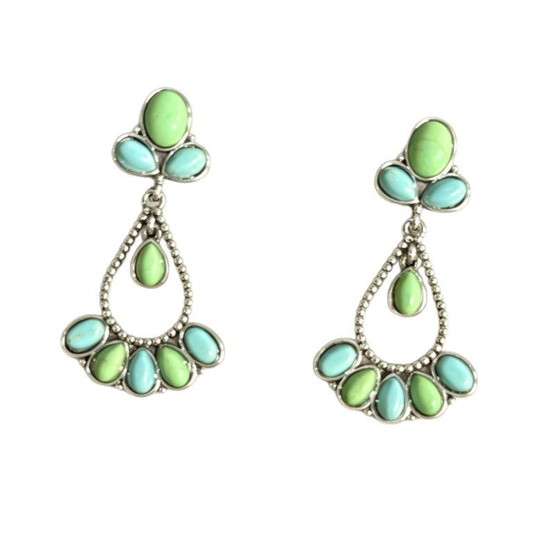 Wholesale Vintage Bohemian Two-Tone Turquoise Teardrop Hollow Earrings Alloy Party Jewelry Accessory