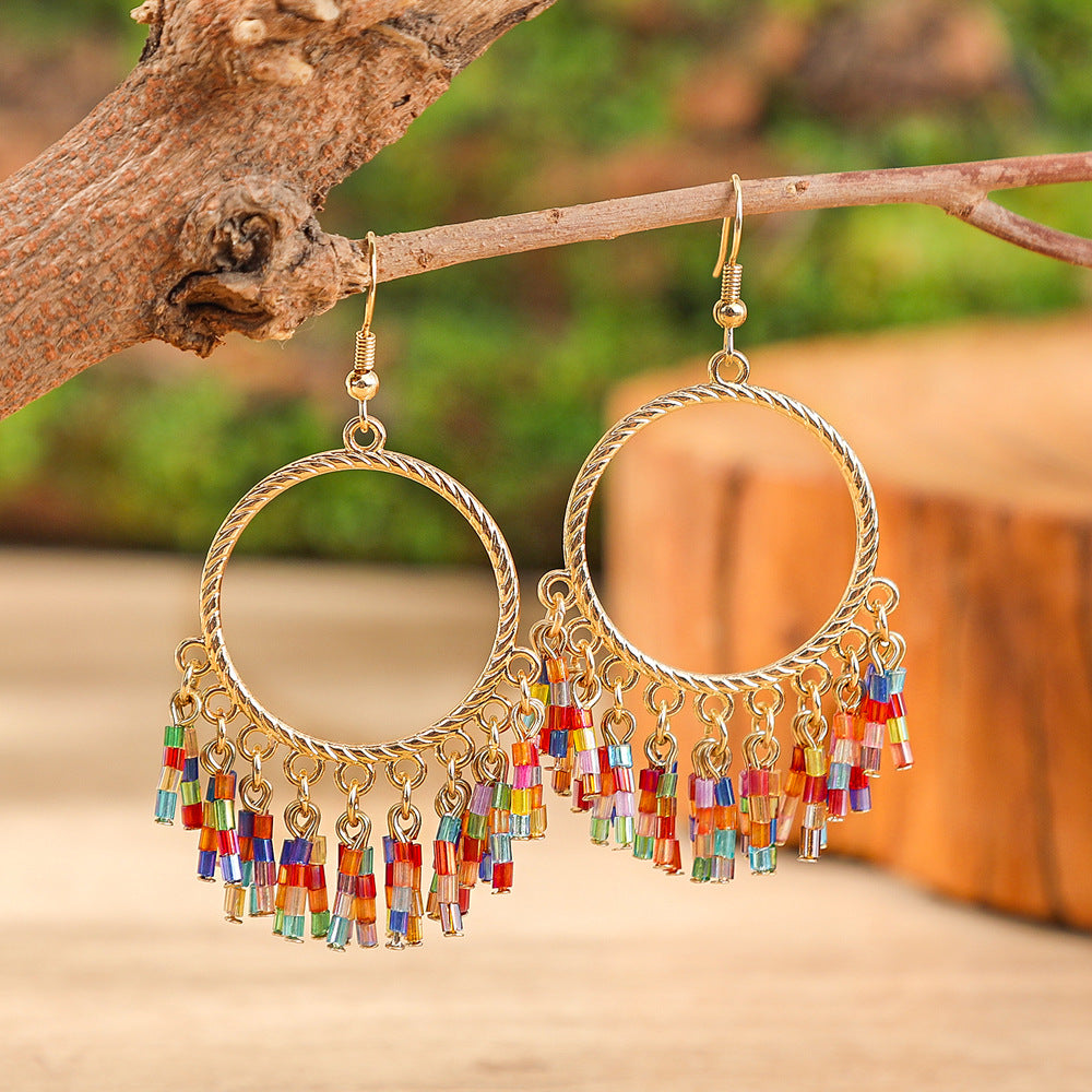 Wholesale Bohemian Handmade Beaded Tassel Earrings Alloy Colorful Rice Beads Fashion Accessory