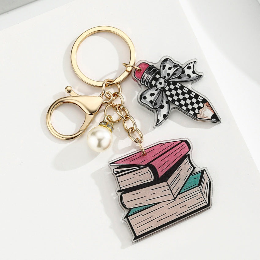 Portachiavi a matita con slogan e lettera di perle di libro acrilico all'ingrosso