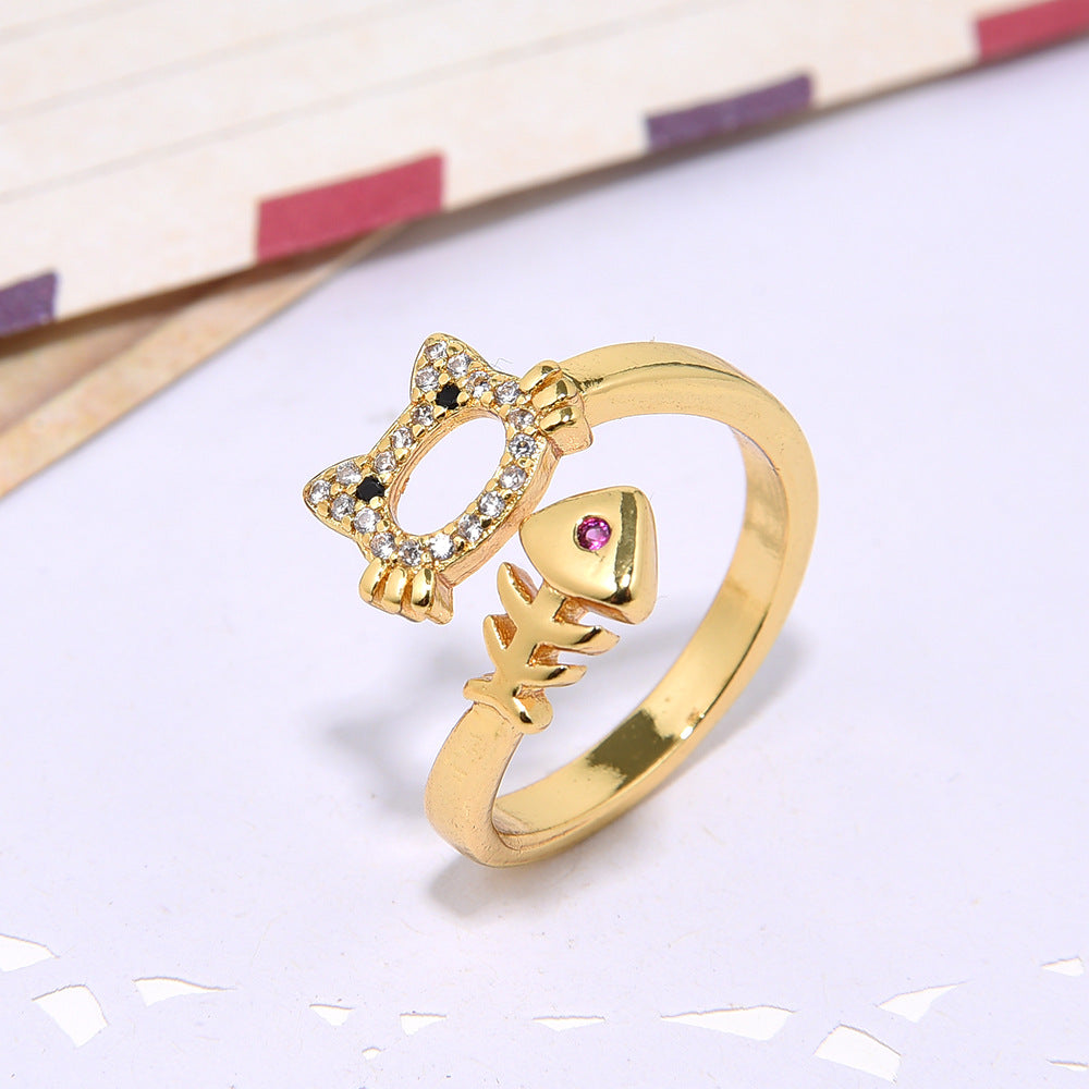 Wholesale Copper inlaid zircon heart cat fishbone women' s ring