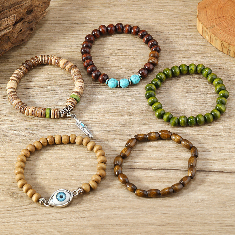 Wholesale 3PCS Vintage-style multi-layered wooden beaded evil eye bracelet
