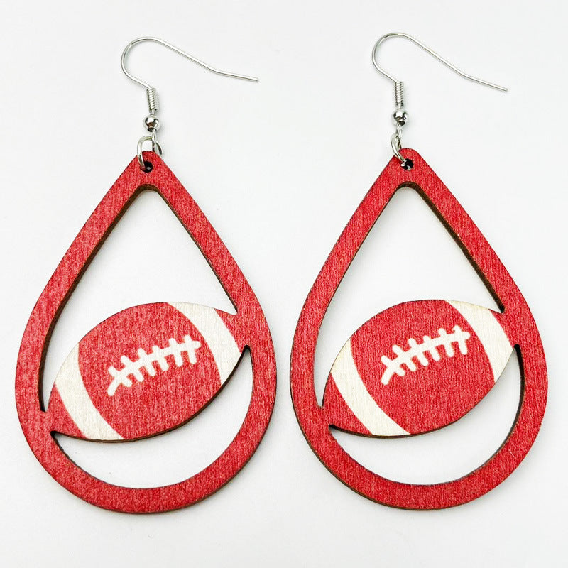 Wholesale 2pairs/pack Football Teardrop Shaped Cheerleading Sports Wooden Earrings ACC-ES-HY112
