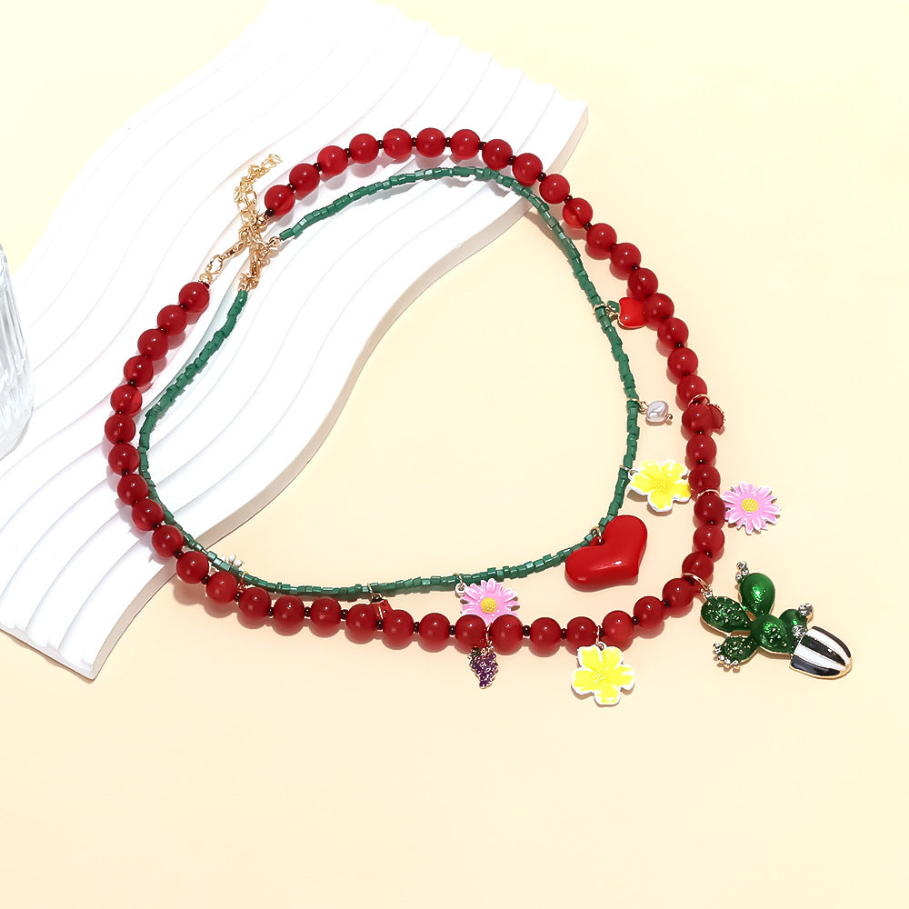 Wholesale  Creative Beaded Heart Cactus Pendant Necklace