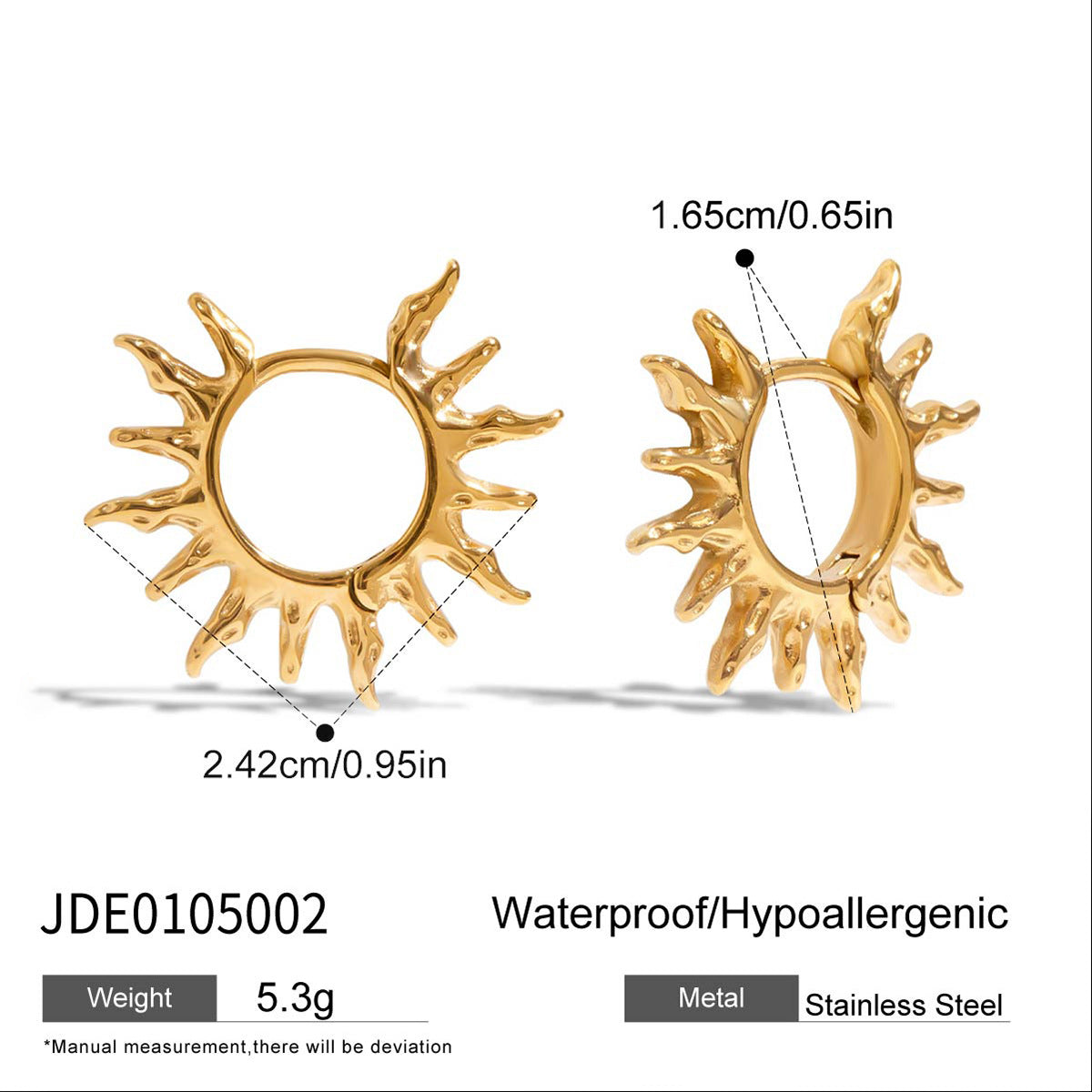 Wholesale 18K Gold Stainless Steel Sun Earrings