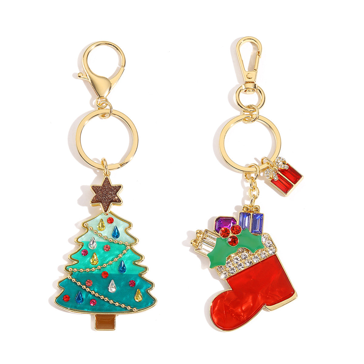 Wholesale Trendy Christmas Tree Socks Keychain Acetate Rhinestone Bag Charm Gift Decoration