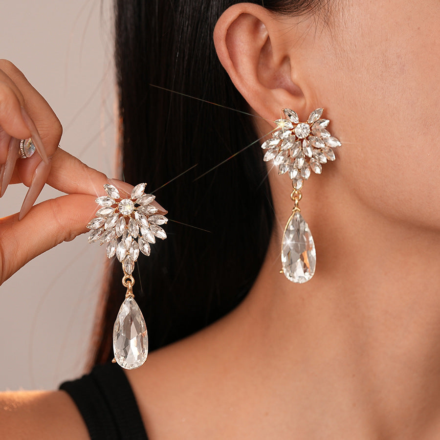 Wholesale Light Luxury Diamond Water Drop Flower Silver Pin Earrings