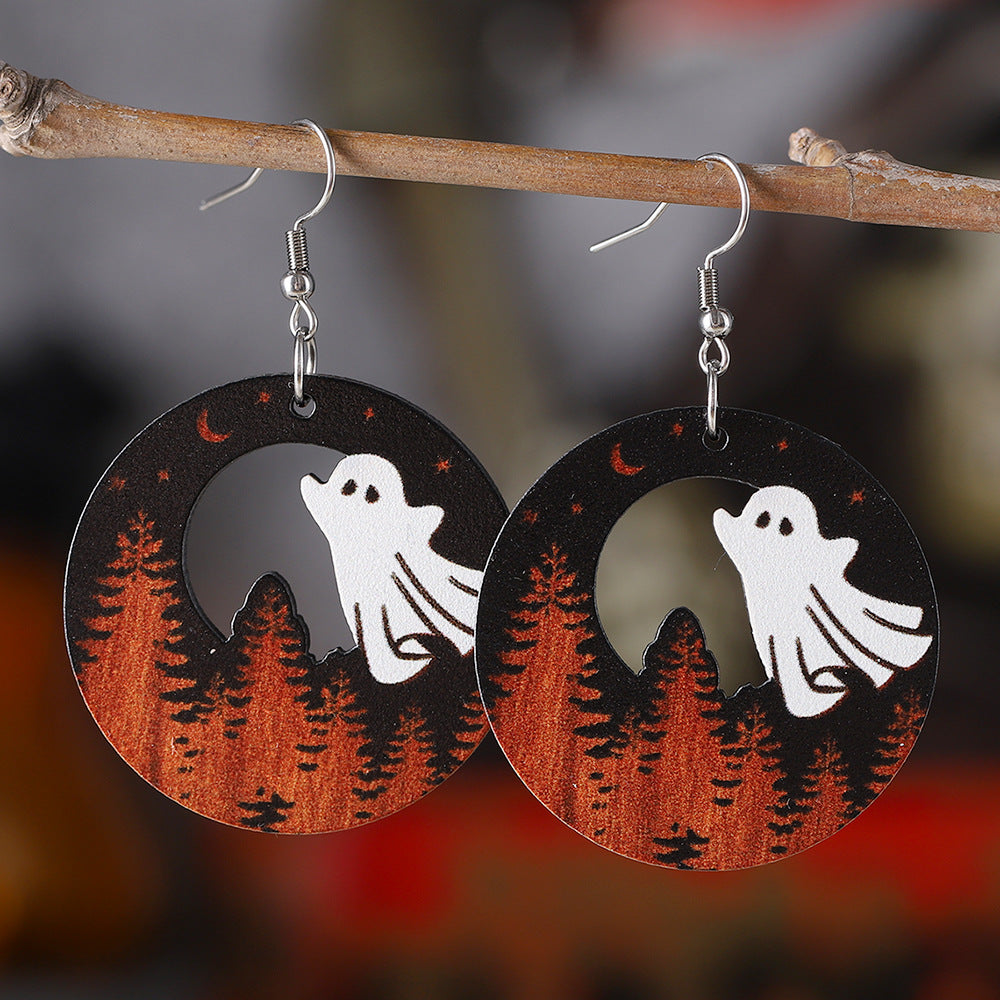 Wholesale Halloween Western Style Pine Ghost Round Wood Gothic Style Earrings ACC-ES-ChuLian044