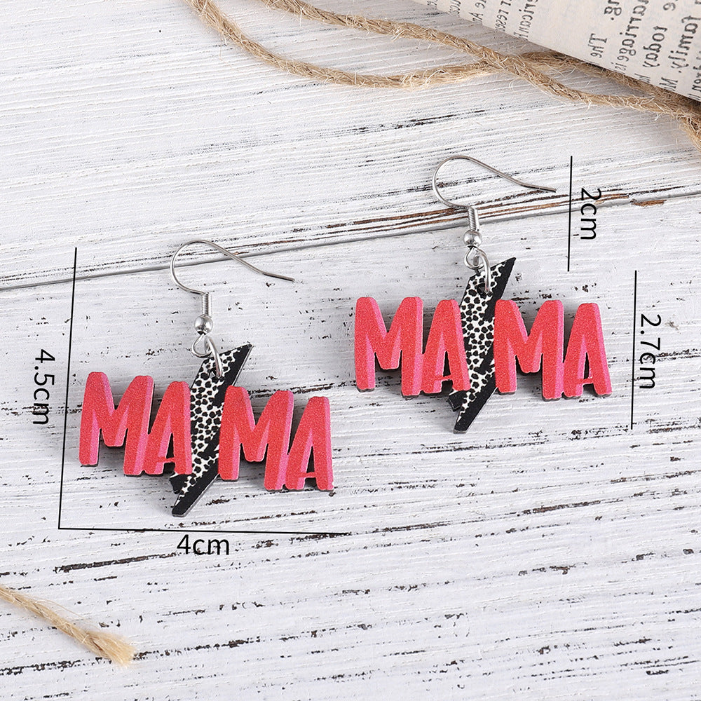 Wholesale Mother' s Day Western Style MAMA Leopard Dairy Lightning Pendant Wooden Double-sided Earrings