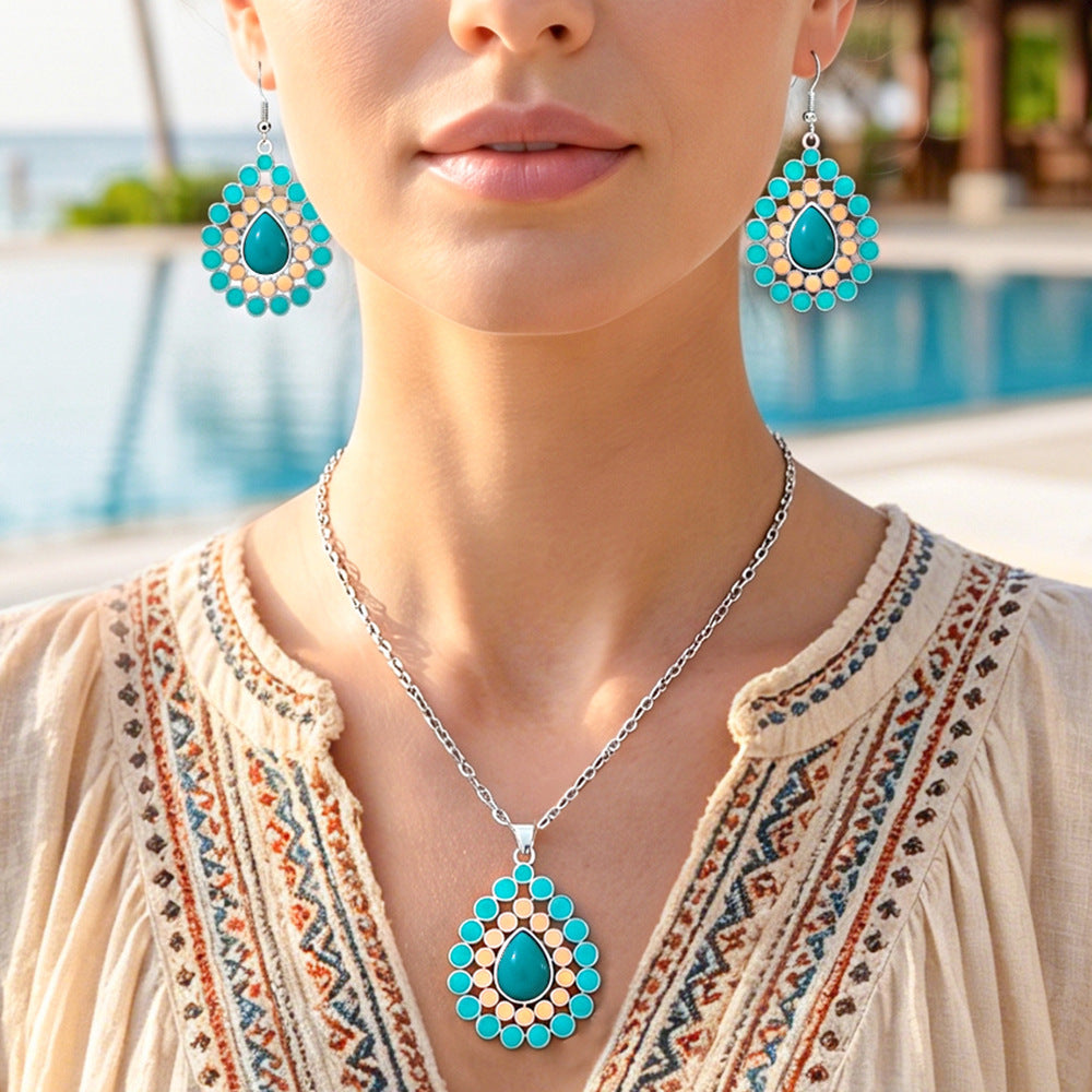 Wholesale Retro Bohemian Geometric Water Drop Necklace and Earrings Set,  Zinc Alloy Party Wear Jewelry