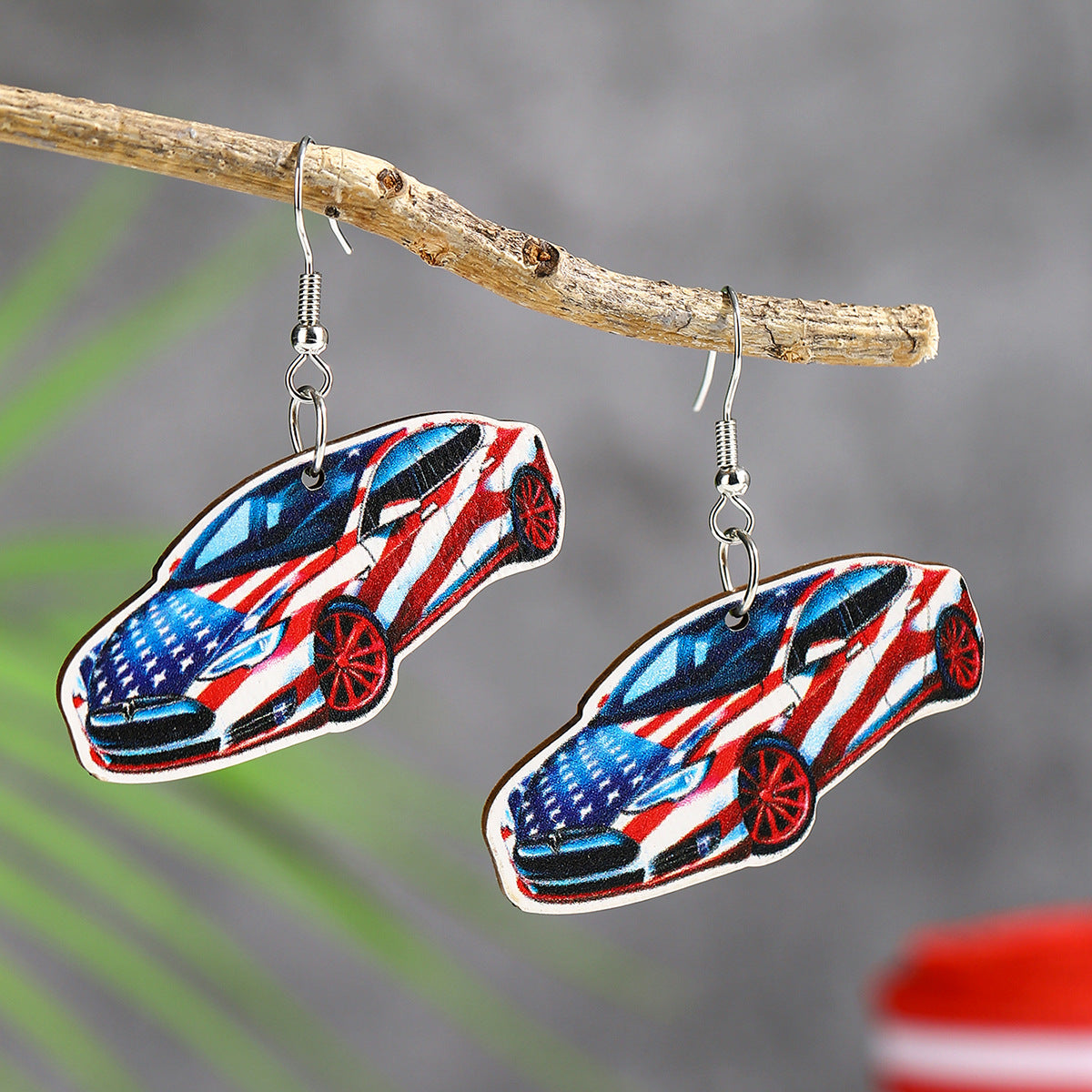Wholesale  US Independence Day Element Wooden Water Drop Earrings