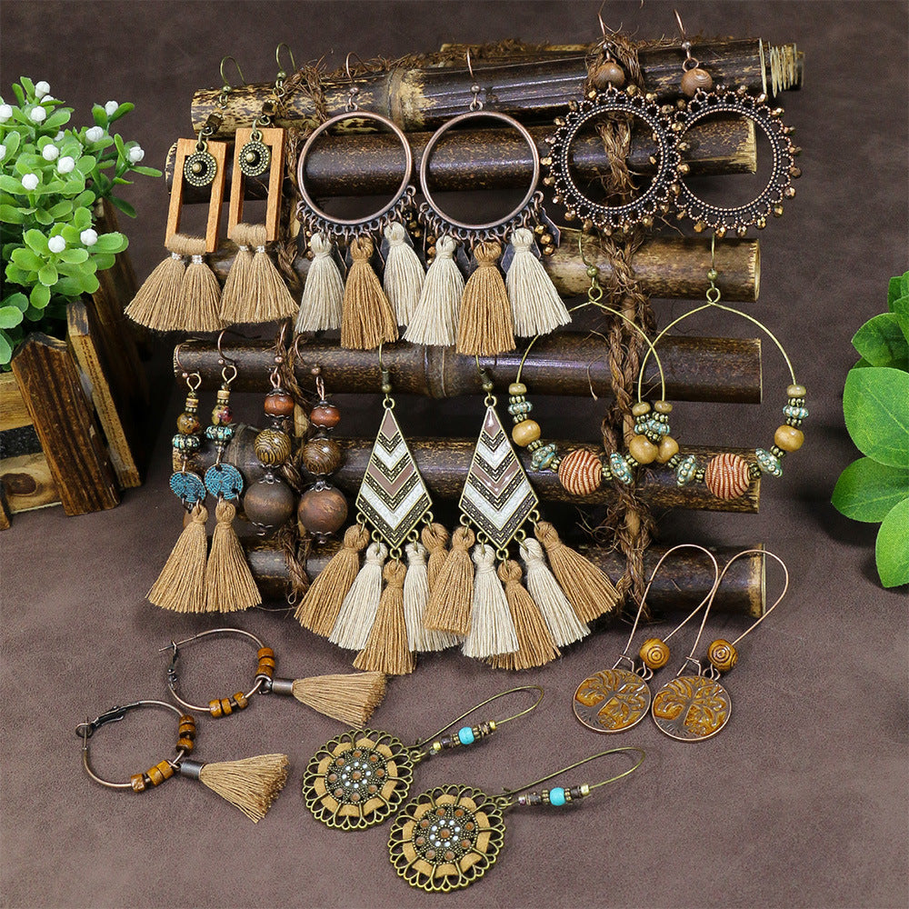 Wholesale Retro Ethnic Tassel Earrings Alloy Electroplated Geometric Round,  Women' s Fashion Accessory for Boutique Resale