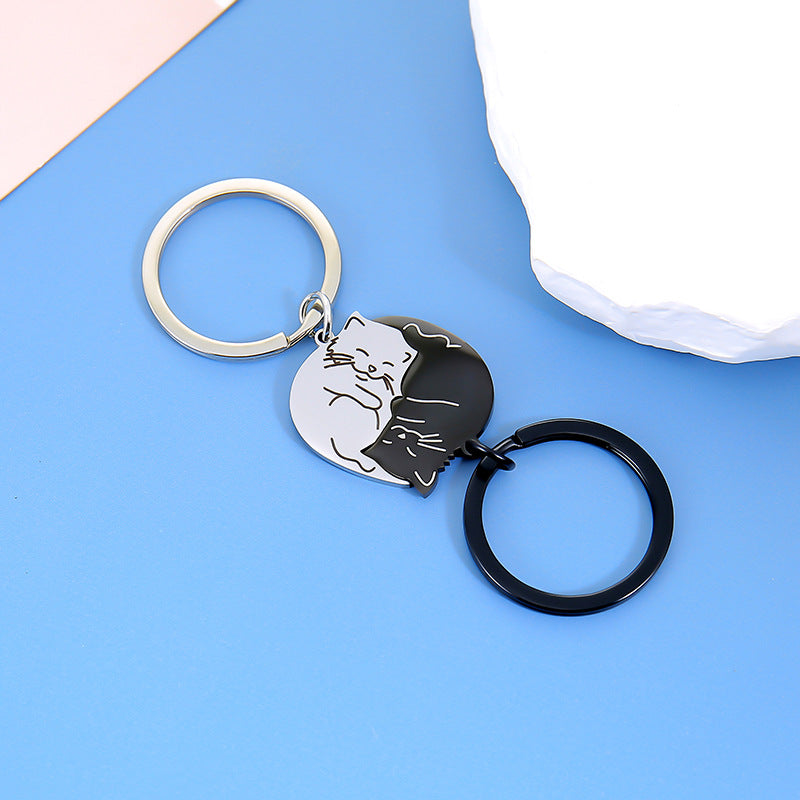 Wholesale Titanium Steel Black and White Cat Keychain