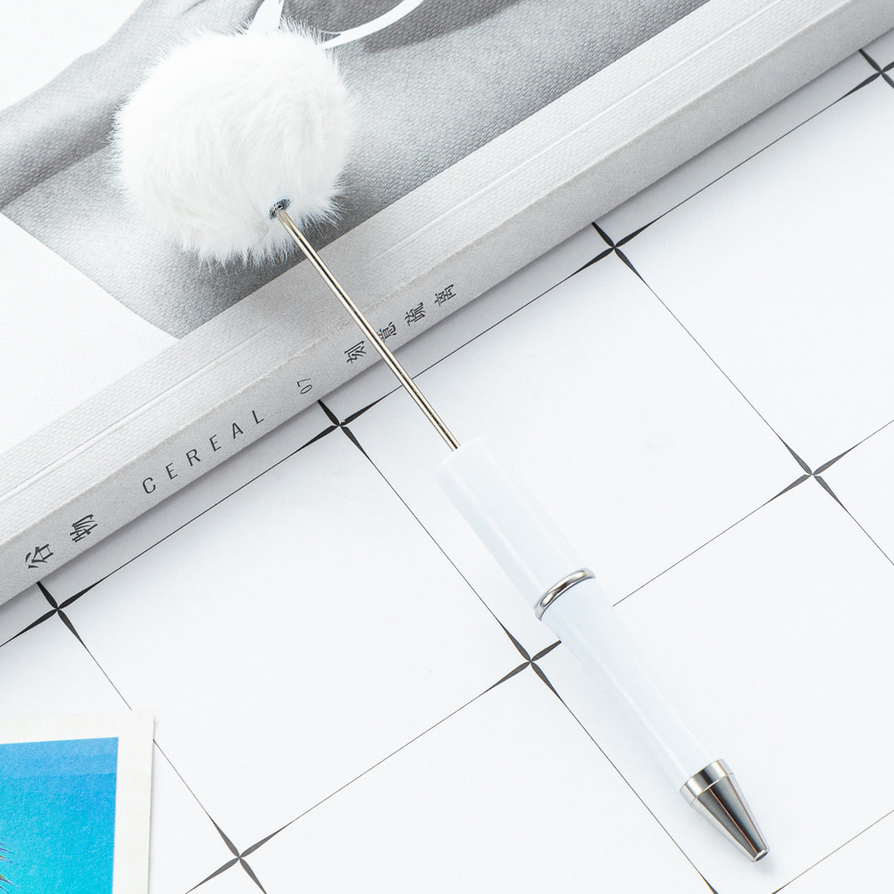 Wholesale Beadable Pens Pom Pom Fuzzy Plastic DIY Beaded Pens Solid Color Pens