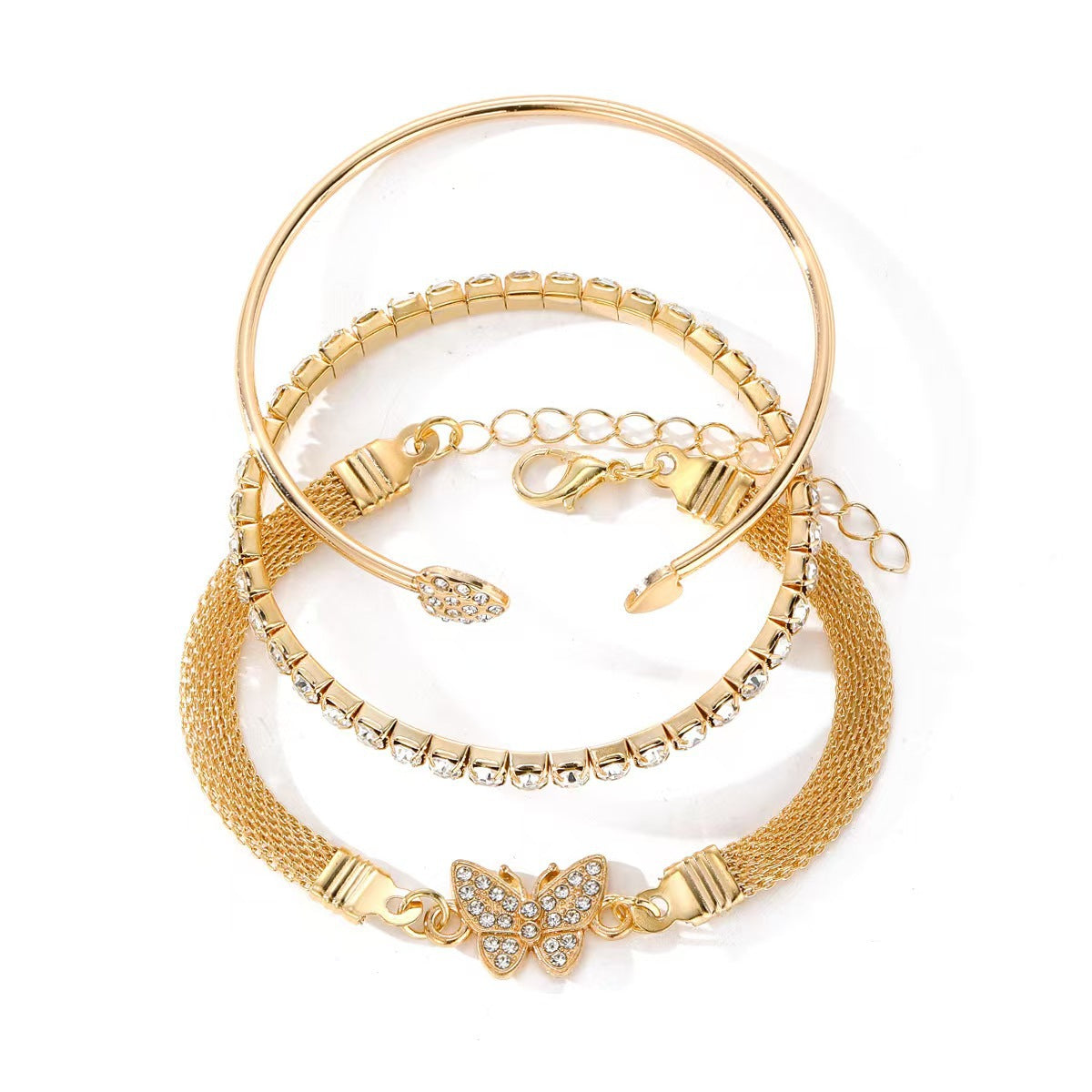 Wholesale Chic Heart Rhinestone Bangle and Butterfly Pendant Jewelry Set - Golden Alloy Fashion Accessory for Women Gift