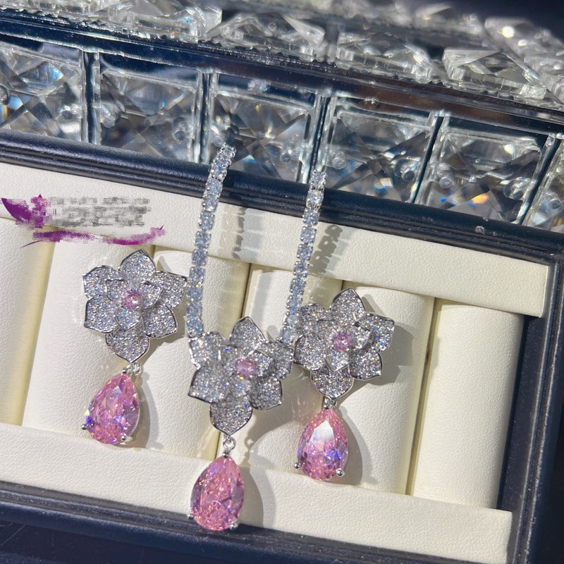 Wholesale Teardrop-shaped Pink Zirconium Rose Full Diamond Open Ring Necklace Set ACC-NE-KaLuoqi003