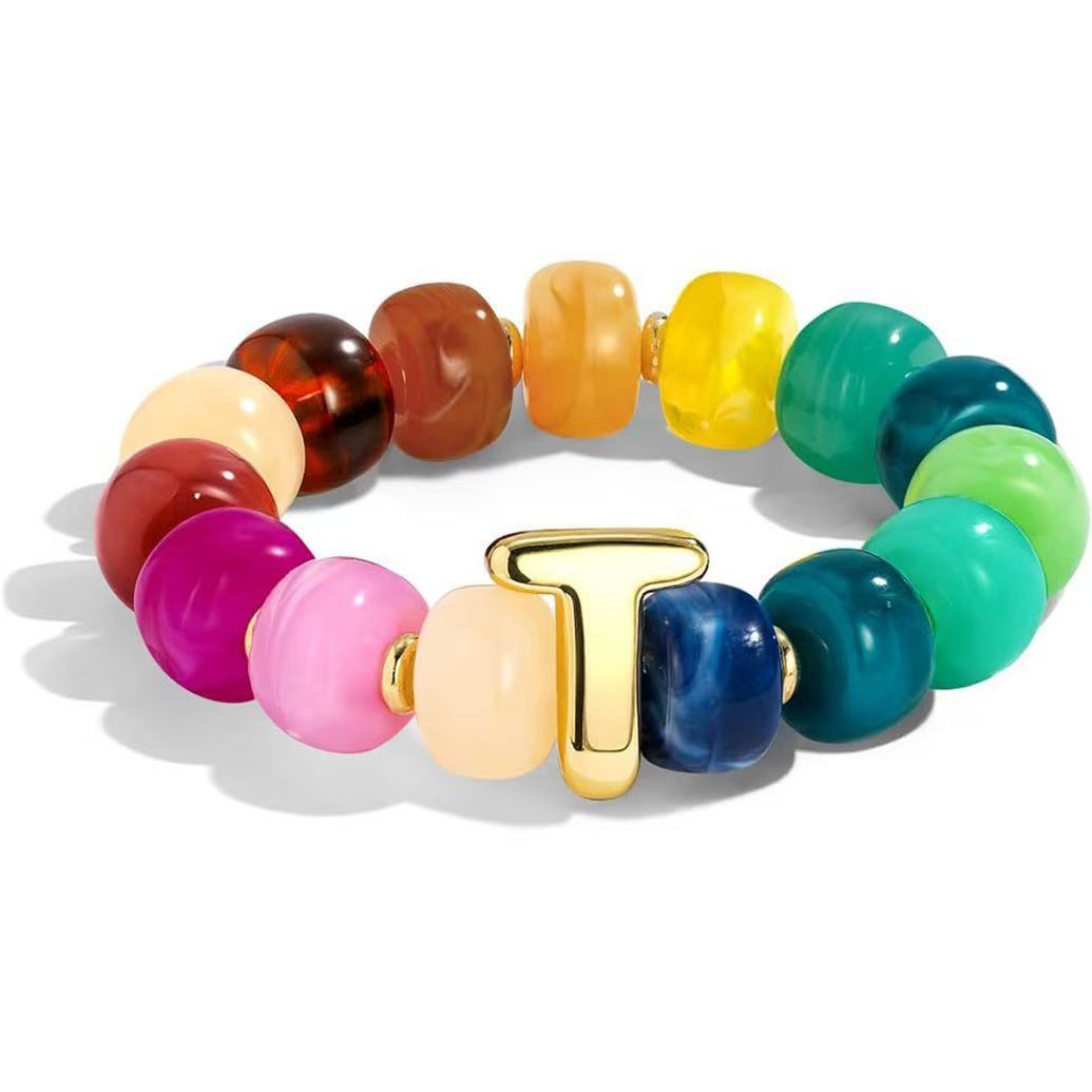 Wholesale 2026 Amazon Cross-Border Colorful Beaded 26 Letter Bracelet for Women,  Resin,  Fashionable and Unique,  High Elasticity Bracelet