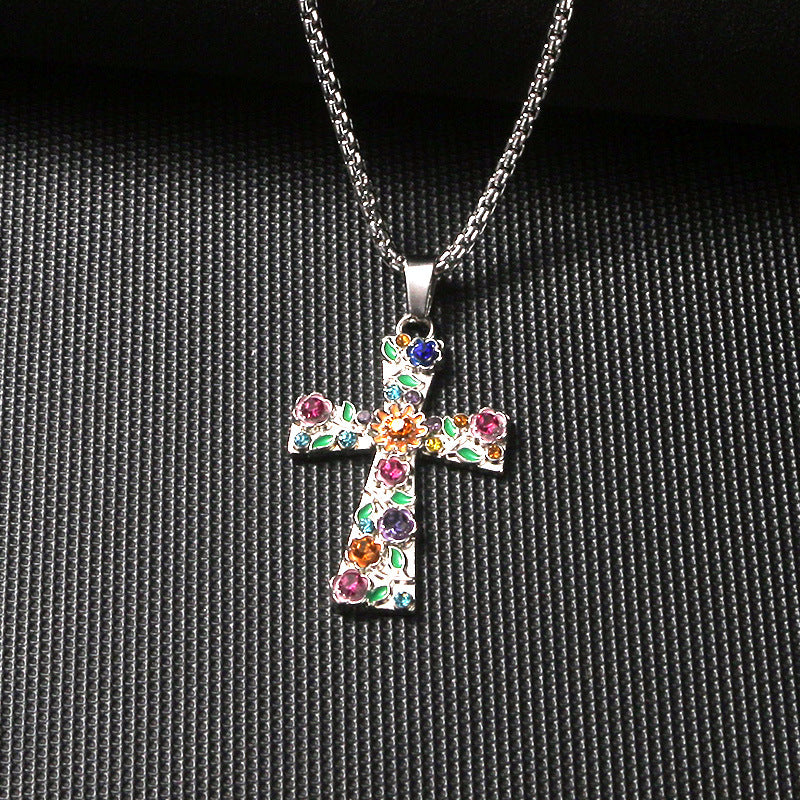 Wholesale Stainless Steel Rhinestone Cross Pendant Necklace,  Trendy Sweater Chain Jewelry Accessory for Everyday Wear
