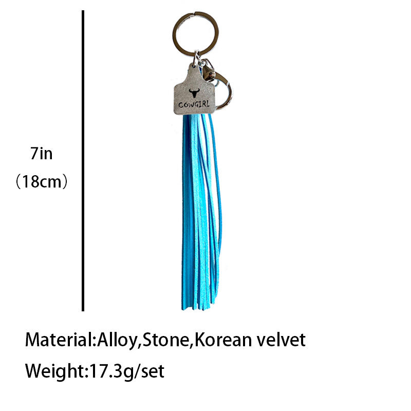 Wholesale 2PCS Cross-border western metal Cow brand leather tassel key ring cow head horseshoe cactus marking key chain pendant