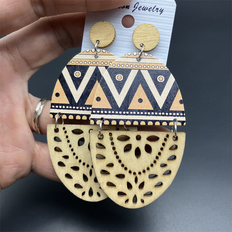 Wholesale Boho Style Cutout Printed Oval Wooden Earrings ACC-ES-FX005