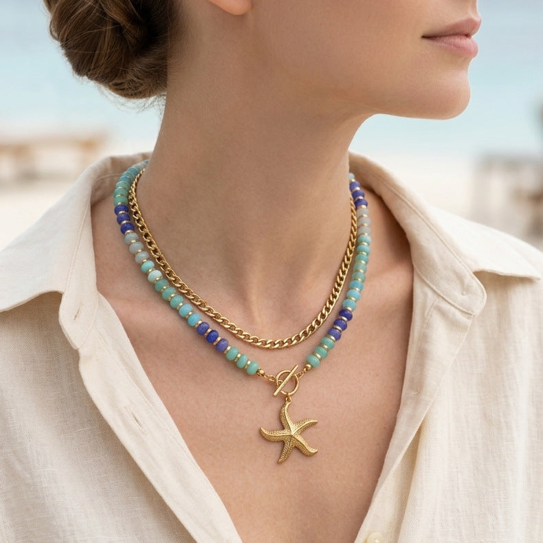 Wholesale Rainbow Layered Beaded Necklace Heart Pendant Natural Stone Titanium Steel Chain For Women Boutique Resale