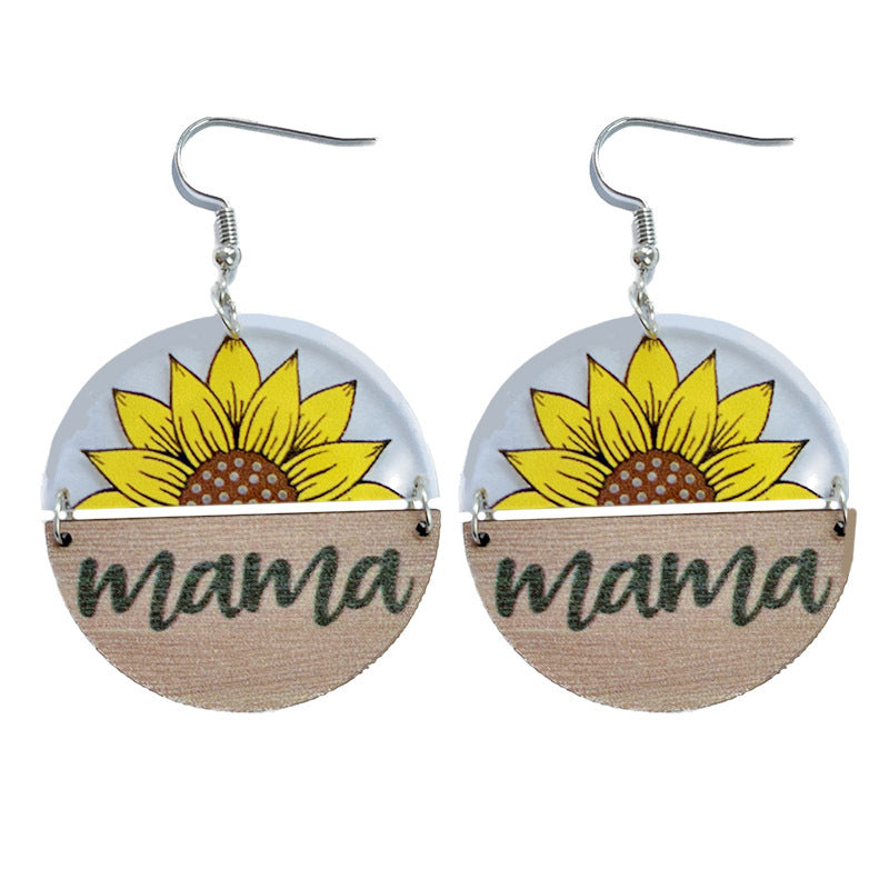 Wholesale 2 pairs/ pack Acrylic Mother' s Day sunflower butterfly bear and leopard print wooden round earrings
