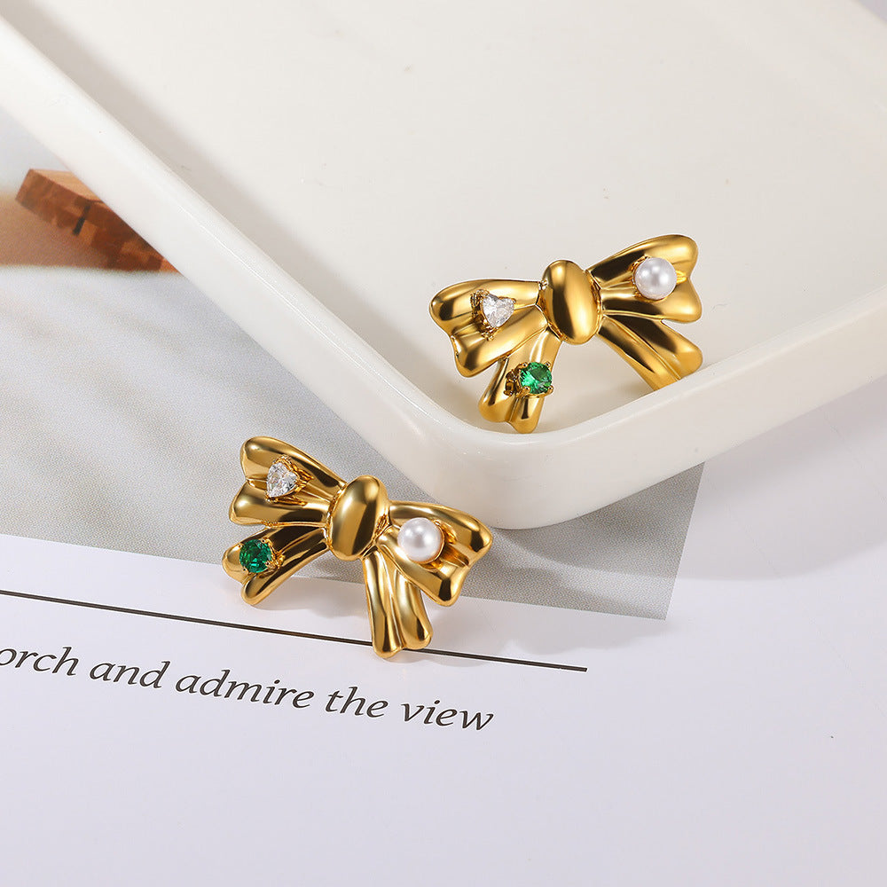 Wholesale Stainless steel man-made pearl bow heart earrings