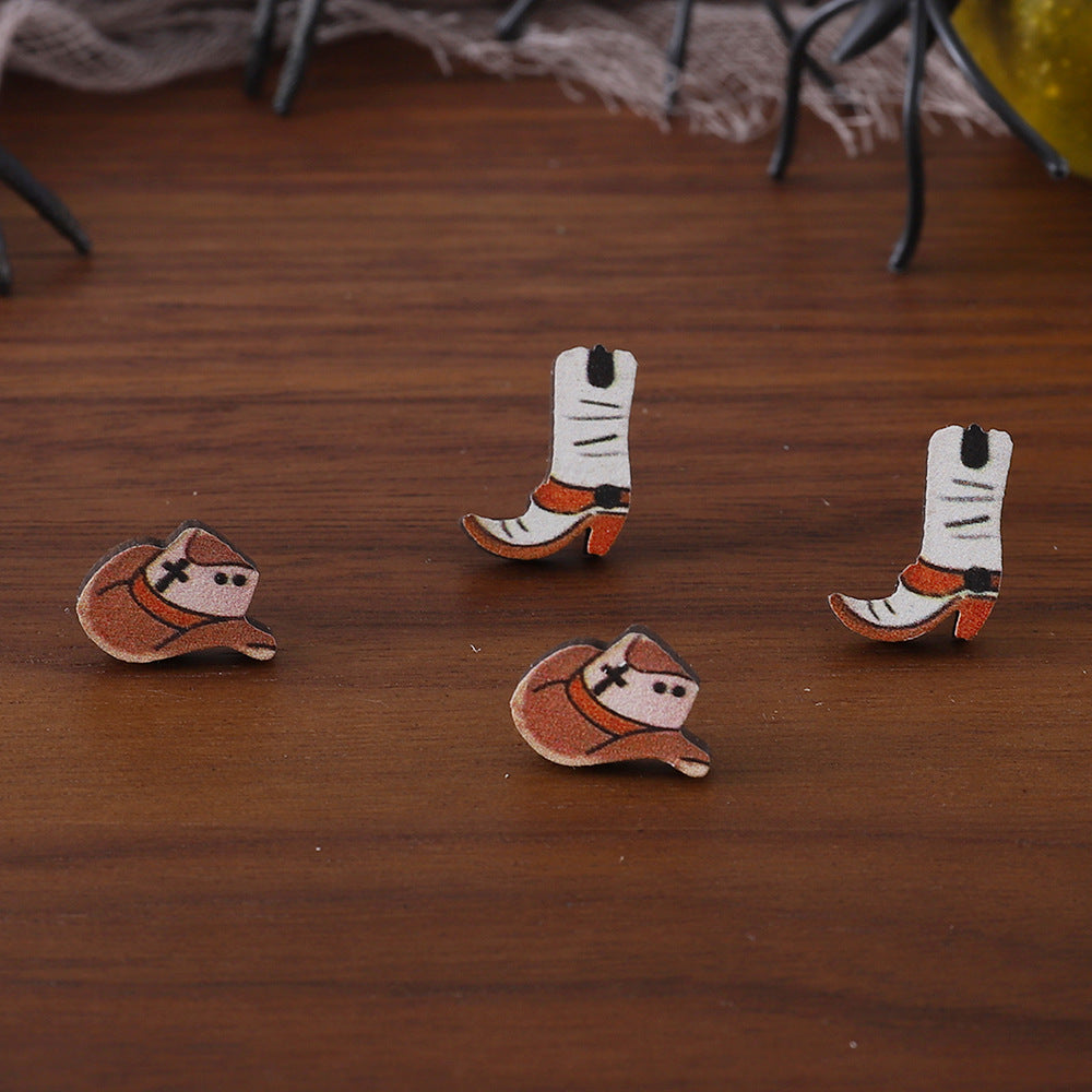 Wholesale Western Style Cowboy Hat Boots Wood Earrings Set ACC-ES-ChuLian038