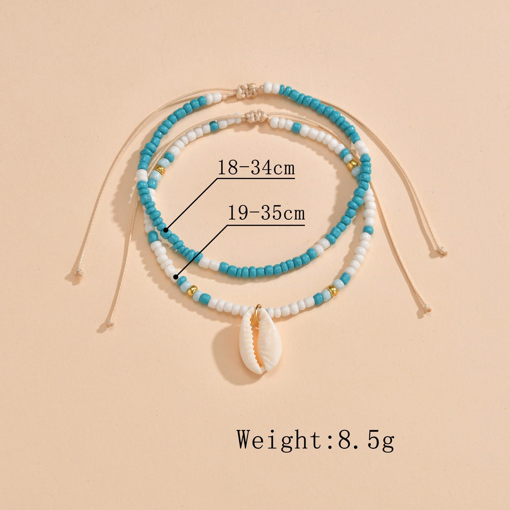 Wholesale Ocean style white and blue rice beads mixed with shell pendant adjustable anklet