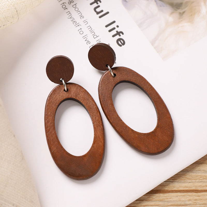 Wholesale Retro Coffee Wooden Earrings Ethnic Style Round Hand Knitted Jewelry Accessory