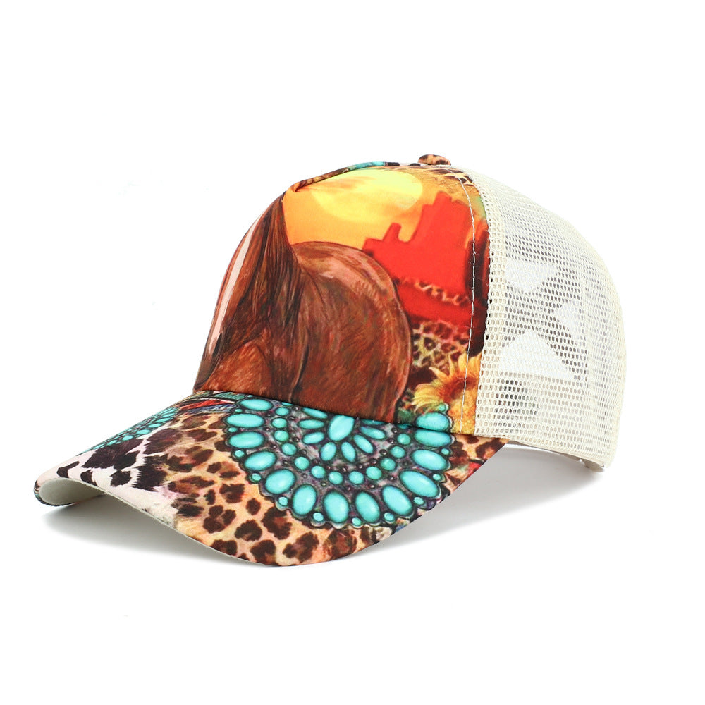 Wholesale Western Style Turquoise Horse Mesh Cap Ponytail Cap Baseball Cap Hat ACC-HT-RongZhao006
