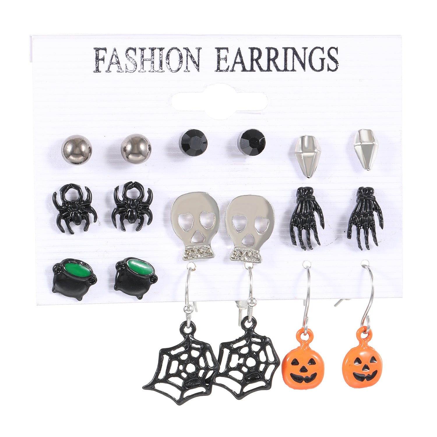 Wholesale Alloy  Earrings 12-Pair Card Pack Crow Witch Pumpkin Skull Design Fashion Accessory