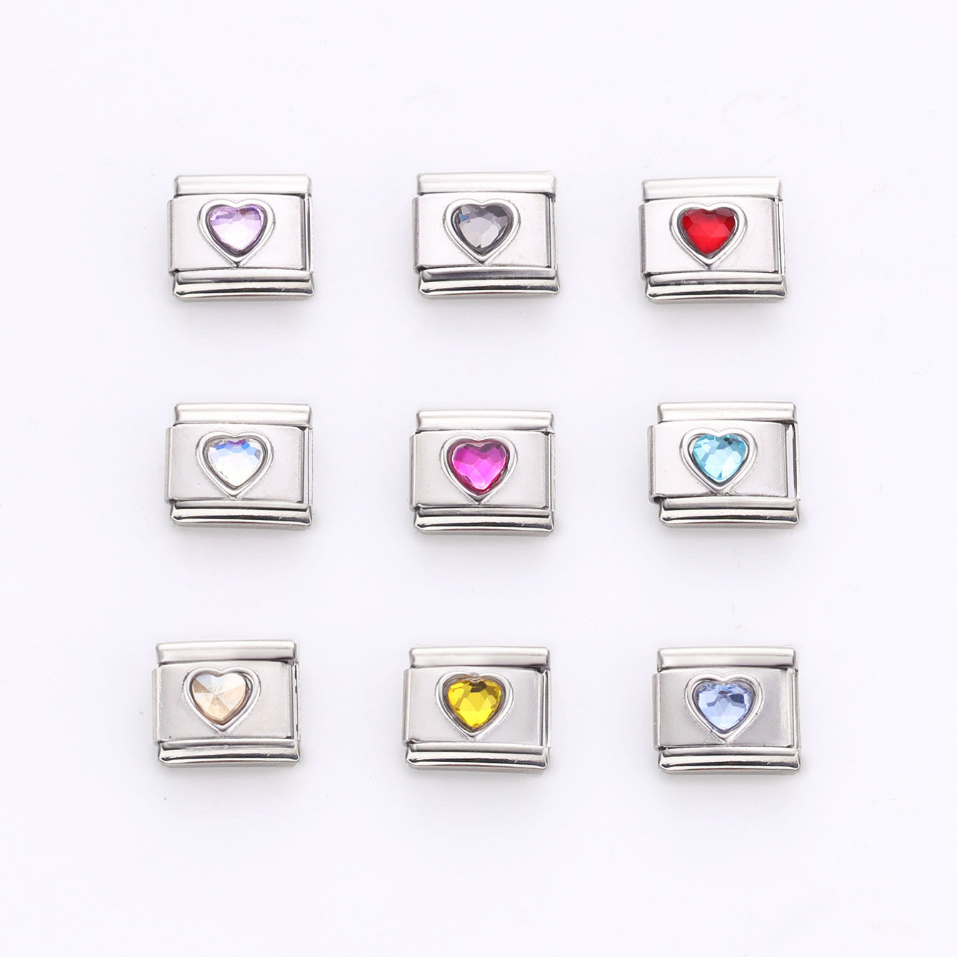 Wholesale 10pcs Italian Charm Bracelet 9mm DIY Splicing Colorful Heart Gem Stainless Steel Composable Bracelet